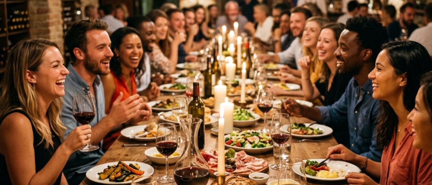Sobremesa larga con vino y velas, gente compartiendo mesa