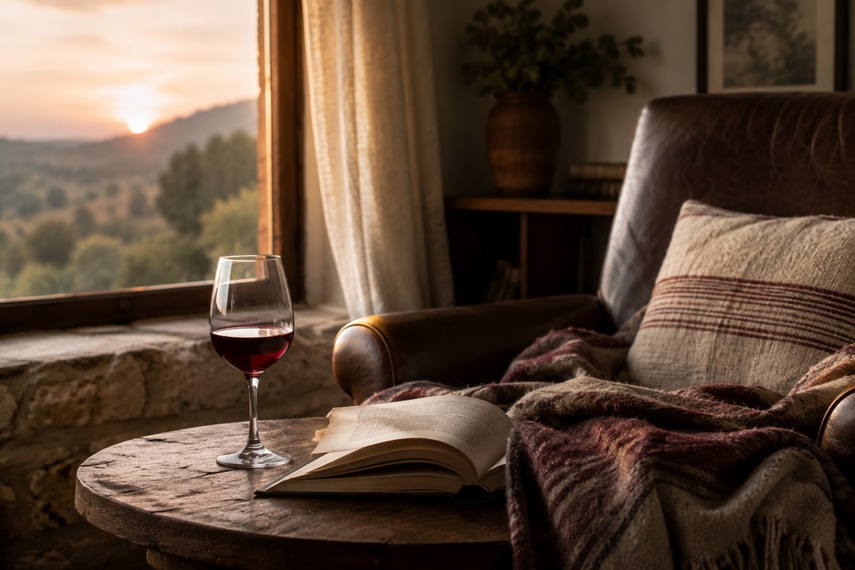 Copa de vino tinto junto a un libro, luz de atardecer