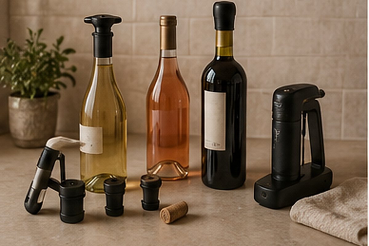 Botellas abiertas de blanco, tinto y espumoso conservadas en nevera con tapones de vacío