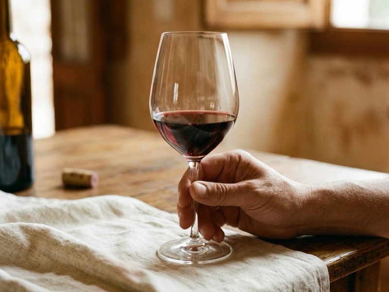 Mano sujetando correctamente una copa de vino tinto por el tallo para no calentar el vino