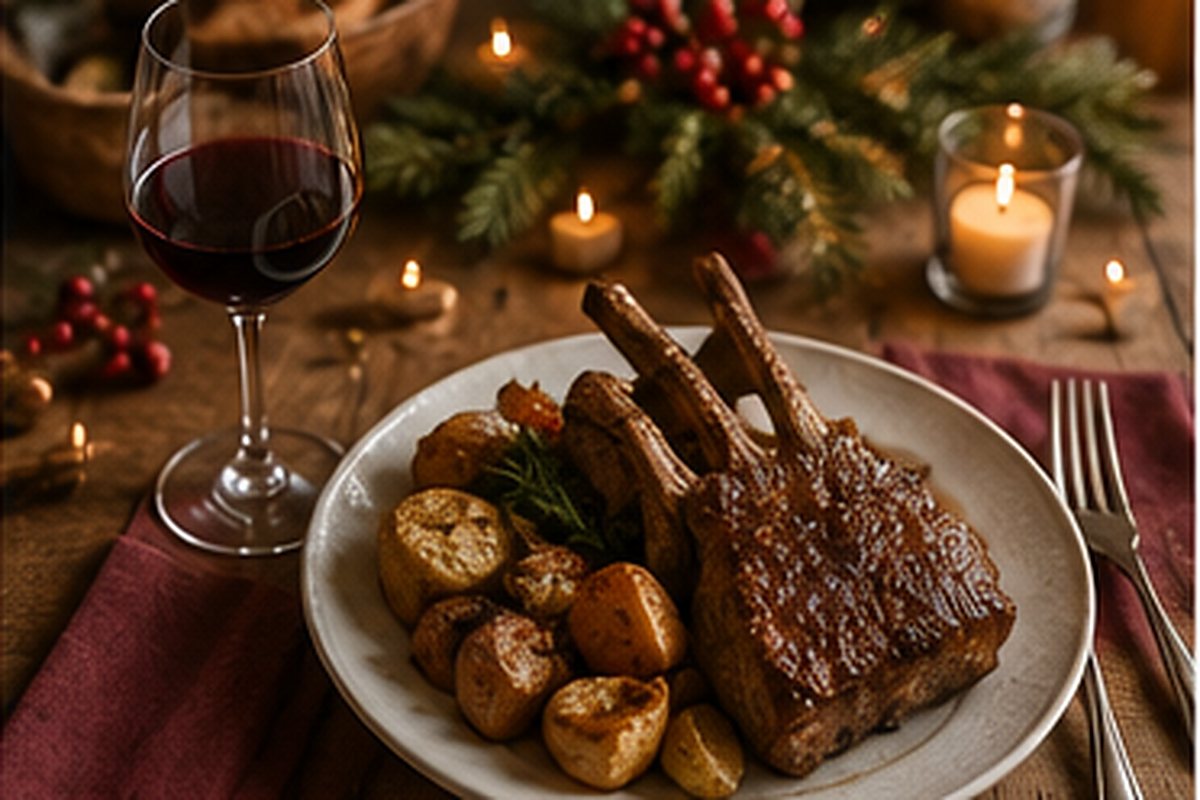 Maridaje de vino tinto con crianza y plato navideño de cordero asado