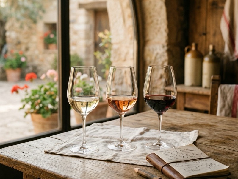 Pack de tres botellas para cata en casa: espumoso, tinto con crianza y vino dulce sobre tabla de madera