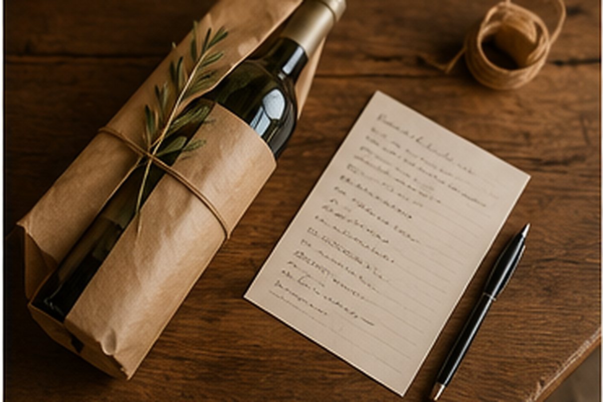 Botella de vino acompañada de una tarjeta manuscrita personalizada como regalo