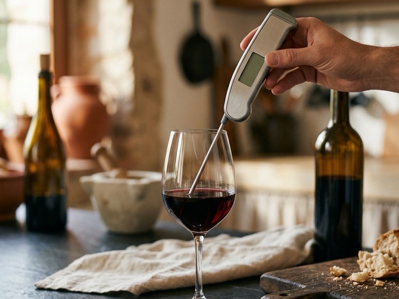 Termómetro de infrarrojos midiendo la temperatura de servicio de una botella de vino tinto