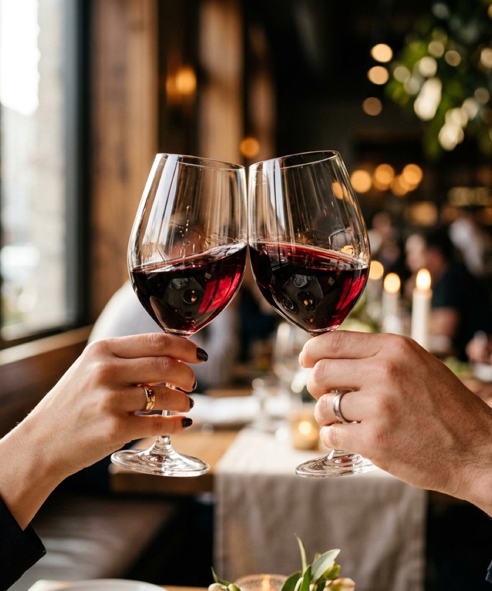 Copa de vino tinto servida en una mesa con luz cálida