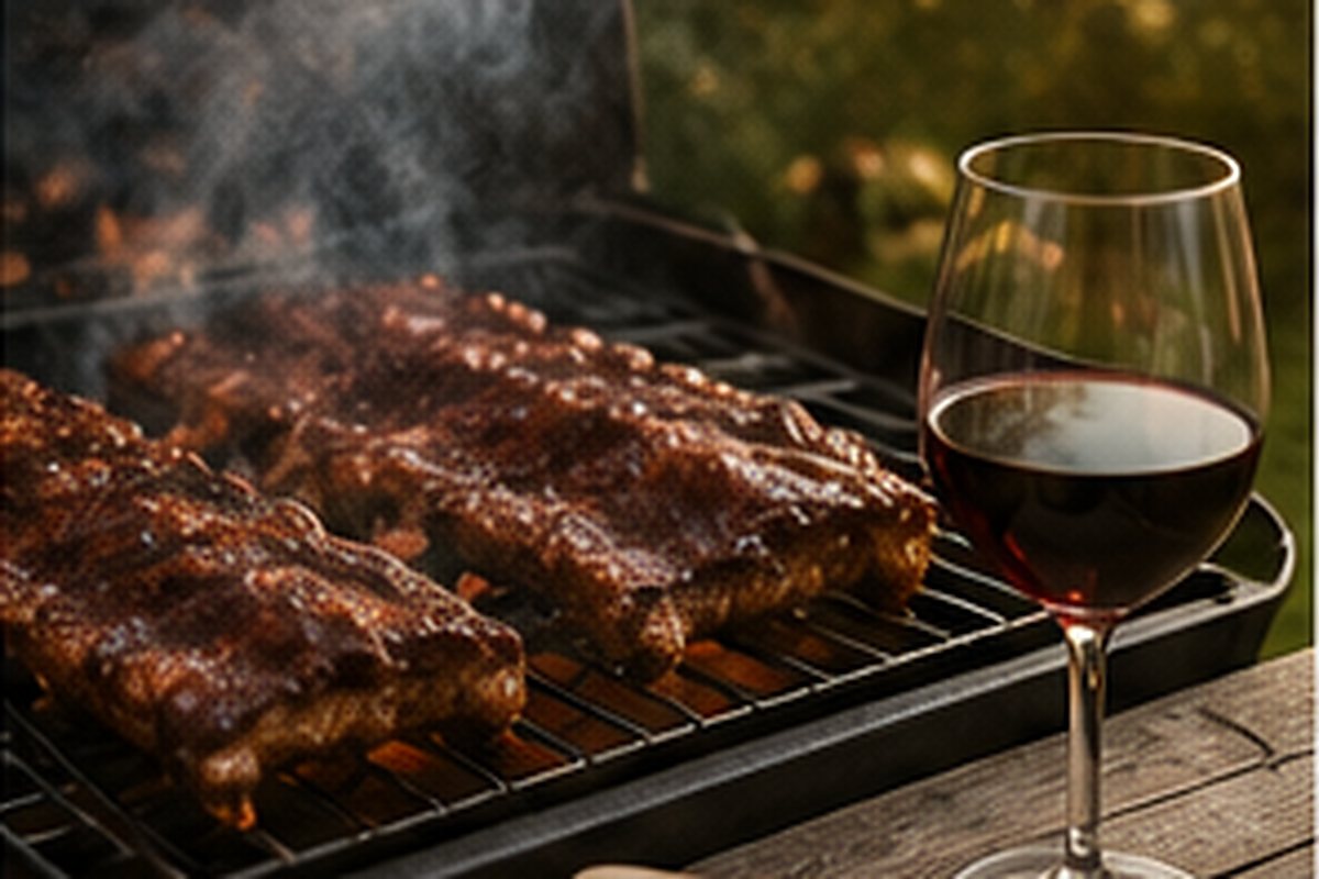 Costillas a la barbacoa acompañadas de una copa de vino tinto