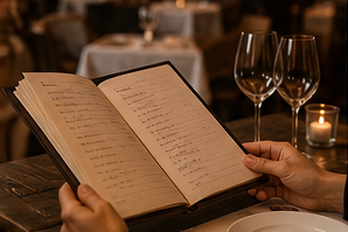Consultando la carta de vinos en un restaurante durante una cita