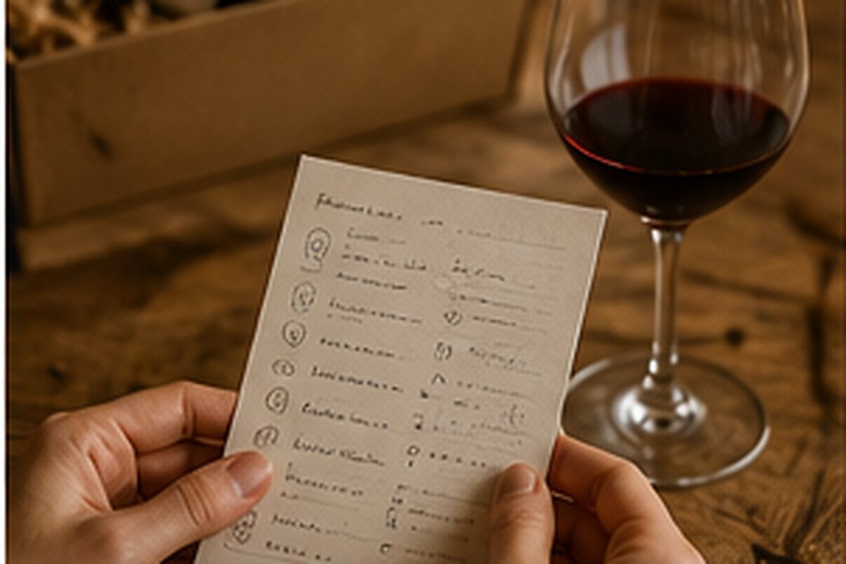 Ficha de cata junto a una copa de vino servida de la caja mensual